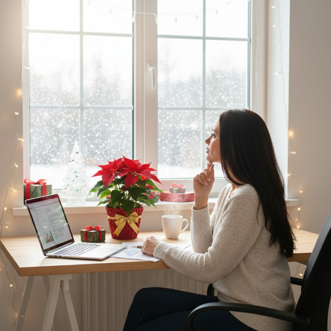 Woman looking out winter window scene with laptop open looking contemplative - digital marketing - affiliate marketing - Affiliate Nest Egg